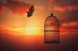 Concept of freedom, bird escaping cage and flying in front of sunset. Generative AI