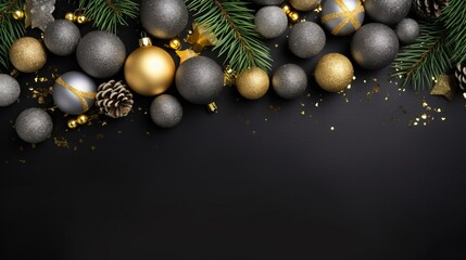 Wall Mural - Merry Christmas, festive celebration holiday holidays greeting card - Gold ornaments (christmas baubles and stars) on black wooden table background, top view flat lay