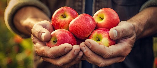 Sticker - Male farmer s hands picking fresh ripe apples in autumn orchard