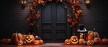 Halloween ready entrance with festive decorations and pumpkins With copyspace for text