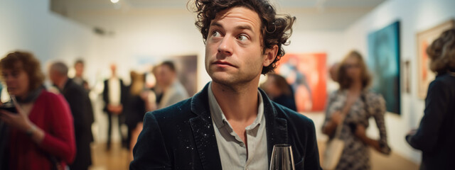 Wall Mural - Man stands with a glass of champagne during an exhibition at the gallery