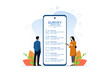 © FAHMI - Concept of online survey questionnaire, poll, opinion or customer feedback using internet, man and woman using mobile phone or smart phone to fill online survey checklist. flat vector illustration.