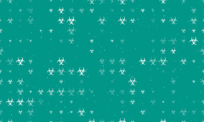 Poster - Seamless background pattern of evenly spaced white biohazard symbols of different sizes and opacity. Vector illustration on teal background with stars