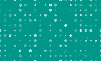 Poster - Seamless background pattern of evenly spaced white car wheel symbols of different sizes and opacity. Vector illustration on teal background with stars