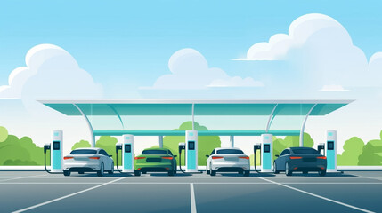 Wall Mural - copy space, flat 2D vector illustration, hand drawn, copy space, electric cars charging at Modern fast electric vehicle chargers in carpark. Green energy, renewable energy, sustainable energy. Electri