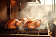 Golden roasted whole turkey at oven, Thanksgiving food preparation