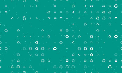 Poster - Seamless background pattern of evenly spaced white recycling symbols of different sizes and opacity. Vector illustration on teal background with stars