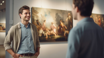 Wall Mural - Man looks at paintings in a gallery during an exhibition