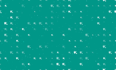 Poster - Seamless background pattern of evenly spaced white virus bounces off the shield symbols of different sizes and opacity. Vector illustration on teal background with stars