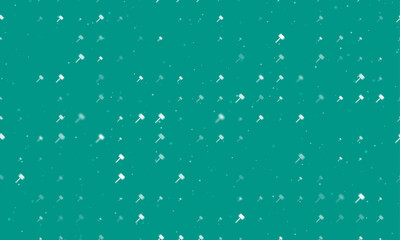 Poster - Seamless background pattern of evenly spaced white sledgehammer symbols of different sizes and opacity. Vector illustration on teal background with stars