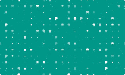 Poster - Seamless background pattern of evenly spaced white tooth symbols of different sizes and opacity. Vector illustration on teal background with stars