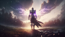 Knight In Armor With Glowing Angel Wings, Standing On An Empty Field Under The Rain, In Misty Dreamy Light