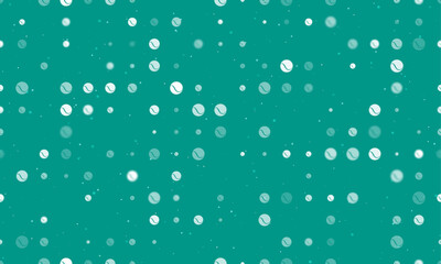 Poster - Seamless background pattern of evenly spaced white tennis balls of different sizes and opacity. Vector illustration on teal background with stars