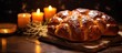 Traditional holiday eastern Orthodox church bread with decoration on table close up