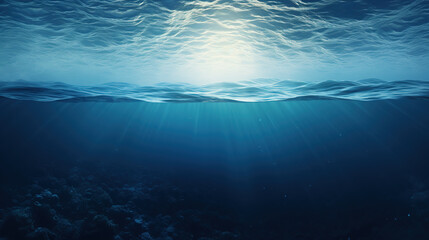 dark blue water of a deep sea with sun glare in the sky. peaceful underwater landscape.