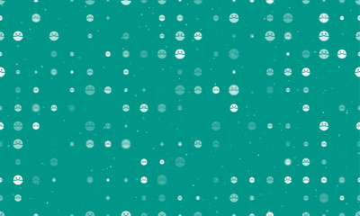 Poster - Seamless background pattern of evenly spaced white masked face symbols of different sizes and opacity. Vector illustration on teal background with stars