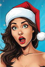 Cartoon Woman Surprised, Wearing A Santa Hat On Starburst Background