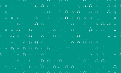 Poster - Seamless background pattern of evenly spaced white headphones symbols of different sizes and opacity. Vector illustration on teal background with stars