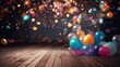 Photo of a colorful bunch of balloons on a wooden floor