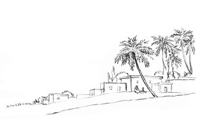 Wall Mural - Pencil drawing. Village on the river