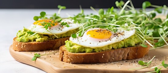 Sticker - Healthy breakfast consisting of avocado egg sandwiches with whole grain toasts fried eggs and organic microgreens on white table