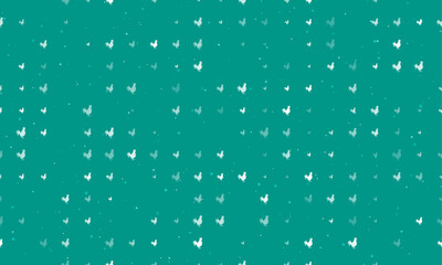 Poster - Seamless background pattern of evenly spaced white rooster symbols of different sizes and opacity. Vector illustration on teal background with stars