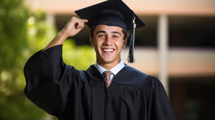 Wall Mural - Happy smiling graduating student guy in an academic gown