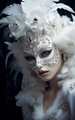 Portrait of a woman with porcelain skin in white carnival mask and neutral makeup for masquerade ball.