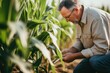 The farmer examining of corn on green farm at sunset, AI Generated