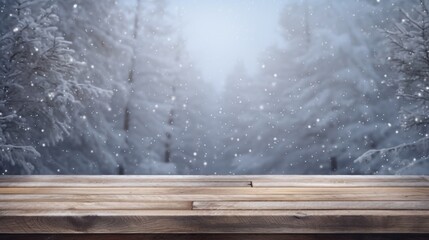 Wall Mural - Photo of a snowy winter scene with a wooden bench in front of a window