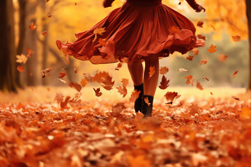 legs of woman in red dress walking in autumn park among golden fallen leaves in nature.