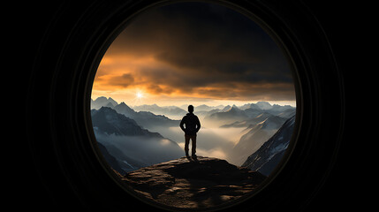 Wall Mural - Silhouetted mountaineer gazes out through circular hut window at dramatic peak