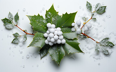 Wall Mural - christmas background with holly berries and leaves on white, closeup, top view