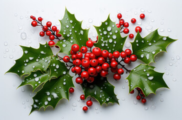 Wall Mural - christmas background with holly berries and leaves on white, closeup, top view