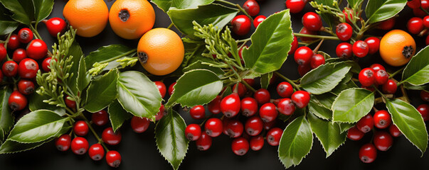 Wall Mural - Christmas decoration garland from holly berries,fruits and leaves. Winter festive nature concept. banner