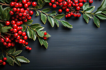 Wall Mural - christmas background with holly berries and leaves, closeup, top view