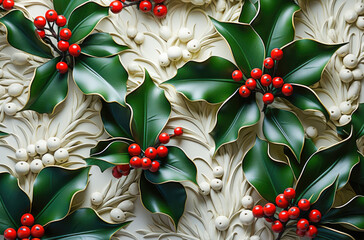 Wall Mural - christmas background with holly berries and leaves, closeup, top view