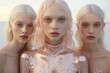 © Glittering Humanity - Three beautiful blonde women friends in a pink winter fur jacket. Pastel desert, fresh winter morning. Alien world on another planet. Glitter make up, pale skin and surreal landscape around them.