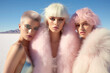 © Glittering Humanity - Three beautiful blonde women friends in a pink winter fur jacket. Pastel desert, fresh winter morning. Alien world on another planet. Glitter make up, pale skin and surreal landscape around them.