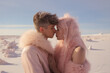 © Glittering Humanity - Portrait of a beautiful couple in a pink winter fur jacket. Pastel desert, fresh winter morning. Alien world on another planet. Glitter make up, pale skin,  surreal landscape. Love kiss relationship.