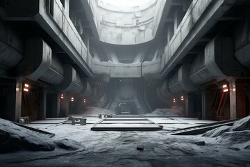 a futuristic environment with concrete industrial base. generative ai