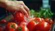 Hand of maid washing tomato fresh vegetables prepara, generative ai