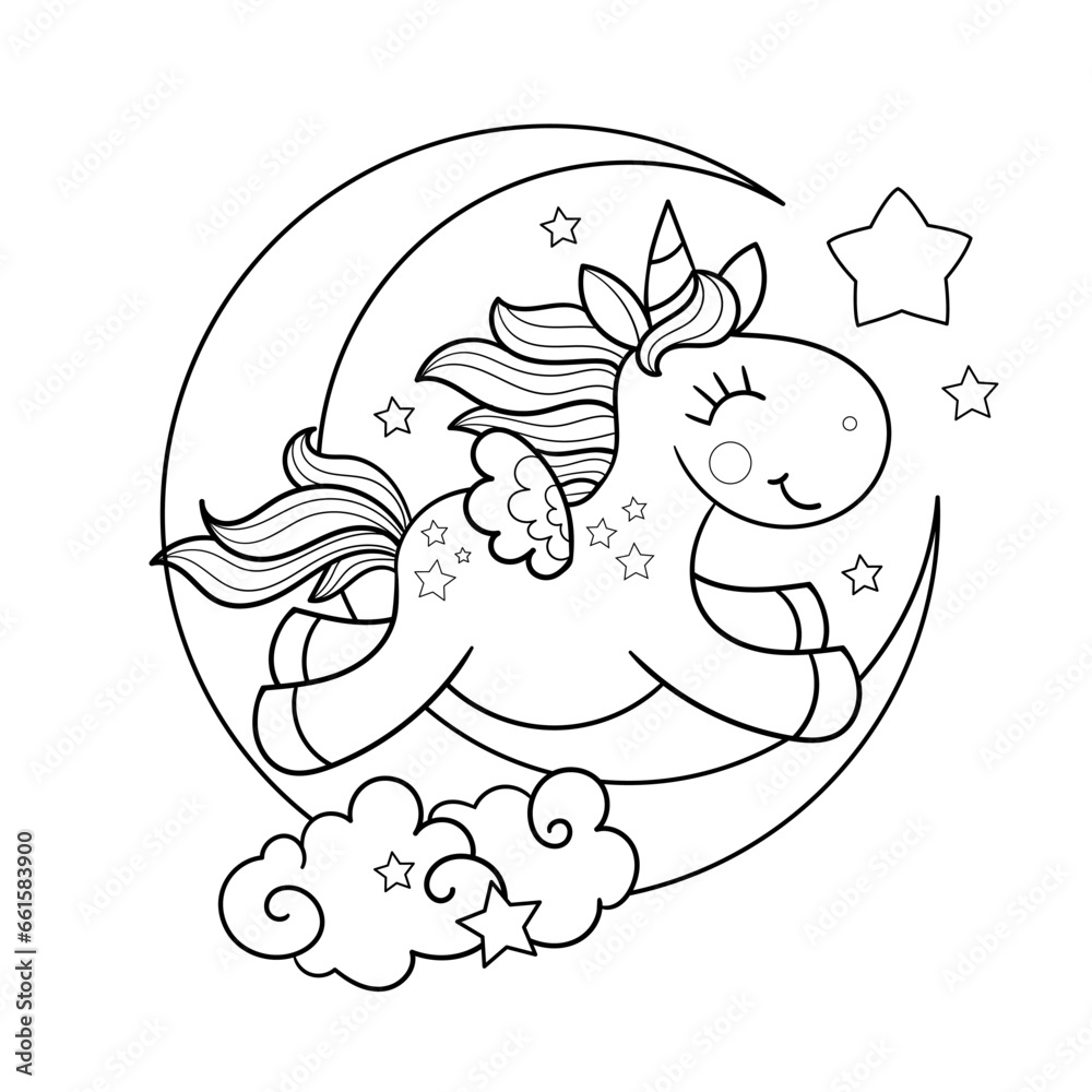 Cheerful unicorn jumps on the moon. Black and white linear drawing. For ...