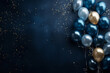 New Year's composition. Sparklers, festive balloons, party hats on an opulent sapphire velvet surface. Flat lay, top view. Copy space. Banner backdrop