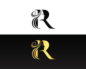 Luxury R Letter Beauty Face Logo Design Vector Concept Illustration.