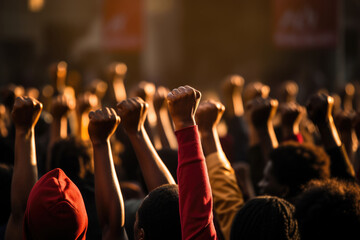 Poster - Protest activists. Crowd with raising fists at city street. Group of aggressive people protesting for human rights. Angry people make revolution