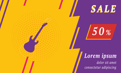 Poster - Sale promotion banner with place for your text. On the left is the guitar symbol. Promotional text with discount percentage on the right side. Vector illustration on yellow background