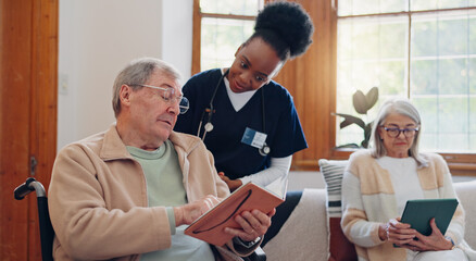 Poster - Senior man, reading and nurse talking in home with book, discussion or support from nursing staff. Retirement, elderly care or person relax in conversation with caregiver in living room with notebook