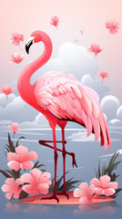 Wall Mural - Pink flamingo on the background of nature with exotic beautiful flowers, illustration