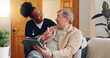 © Wesley JvR/peopleimages.com - Healthcare, tablet and an elderly man with a caregiver during a home visit for medical checkup in retirement. Technology, medicine and appointment with a nurse talking to a senior patient on the sofa